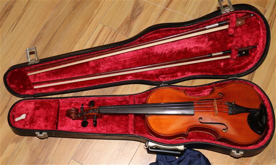 An early 20th century violin, with handwritten label stating made by J.K. Monk, Lewisham,